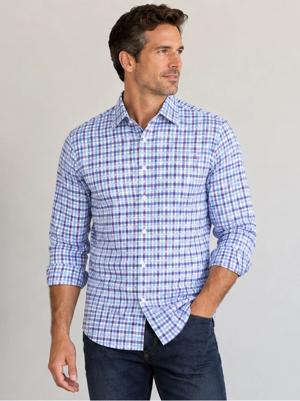 J. Crew Blue and White Checked Button-Down Shirt L